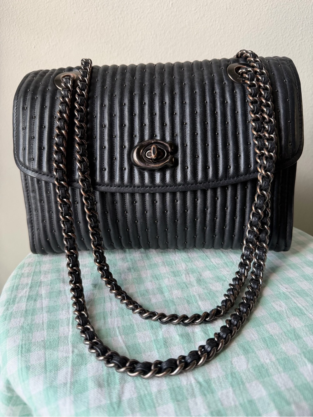 Coach Parker Black Quilted Leather Bag with Rivets and Chain Strap